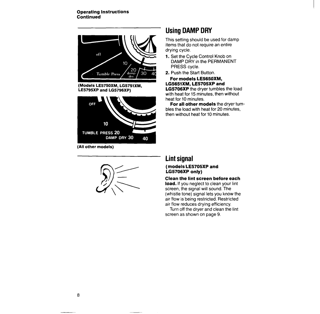 Whirlpool LE5530XS, LE5320XT manual Using Dampdry, Lint signal, Models LE5705XP and LG5706XP only 