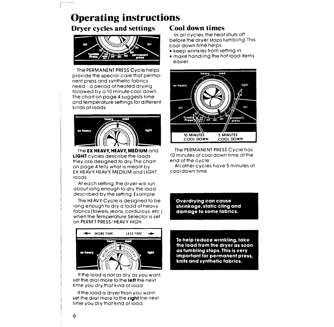 Whirlpool LE5535XP manual Operating instructions, Dryer cycles and settings Cool down times 