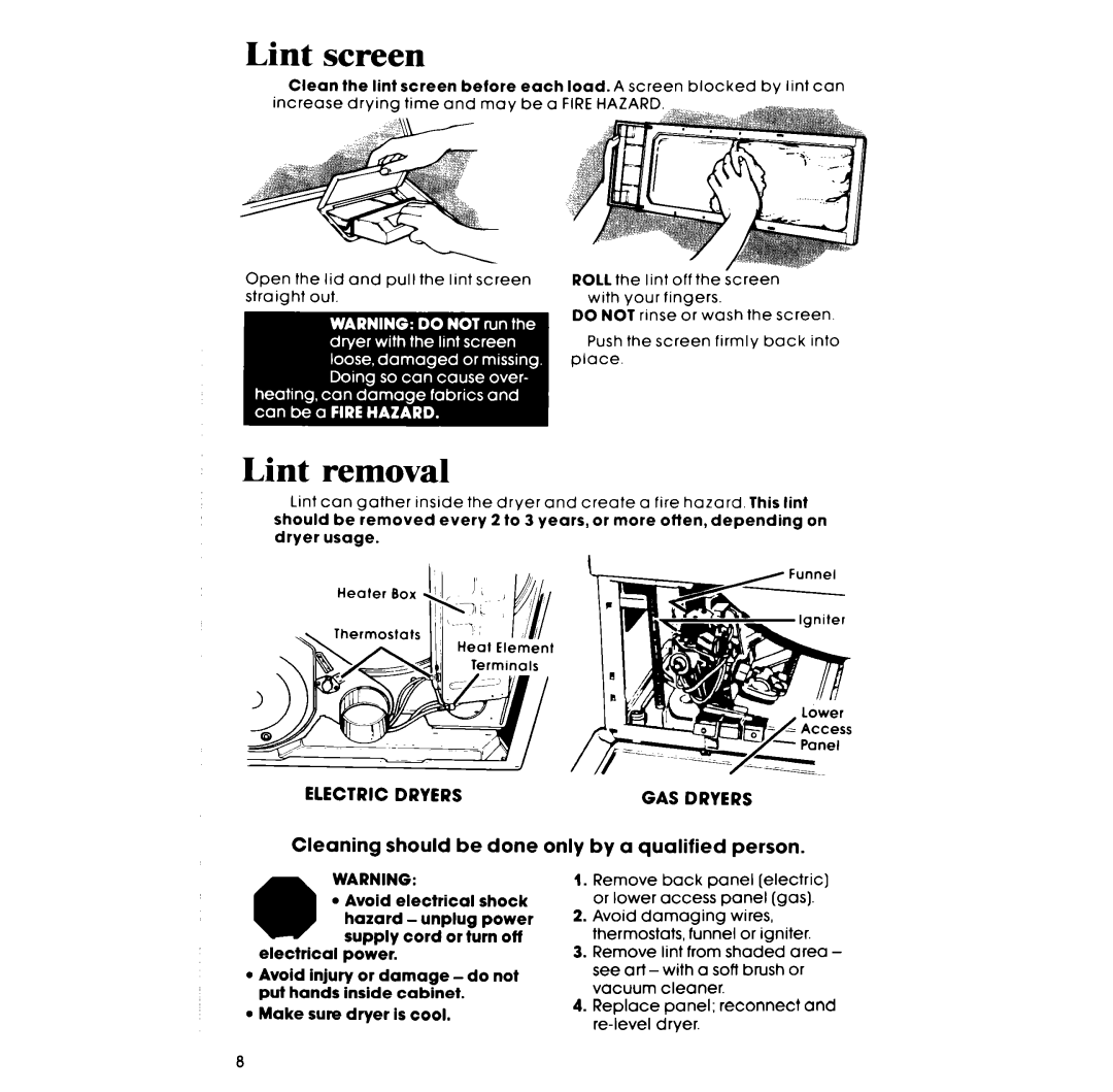 Whirlpool LE5535XP manual Lint screen, Lint removal, GAS Dryers 