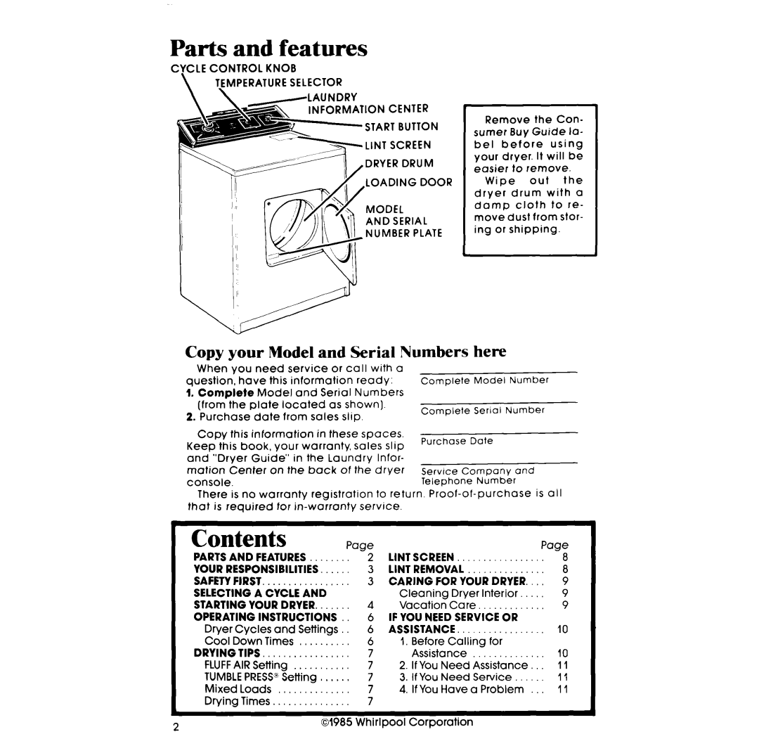 Whirlpool LE5535XP manual Parts and features, Contents, Copy your Model and Serial Numbers here 