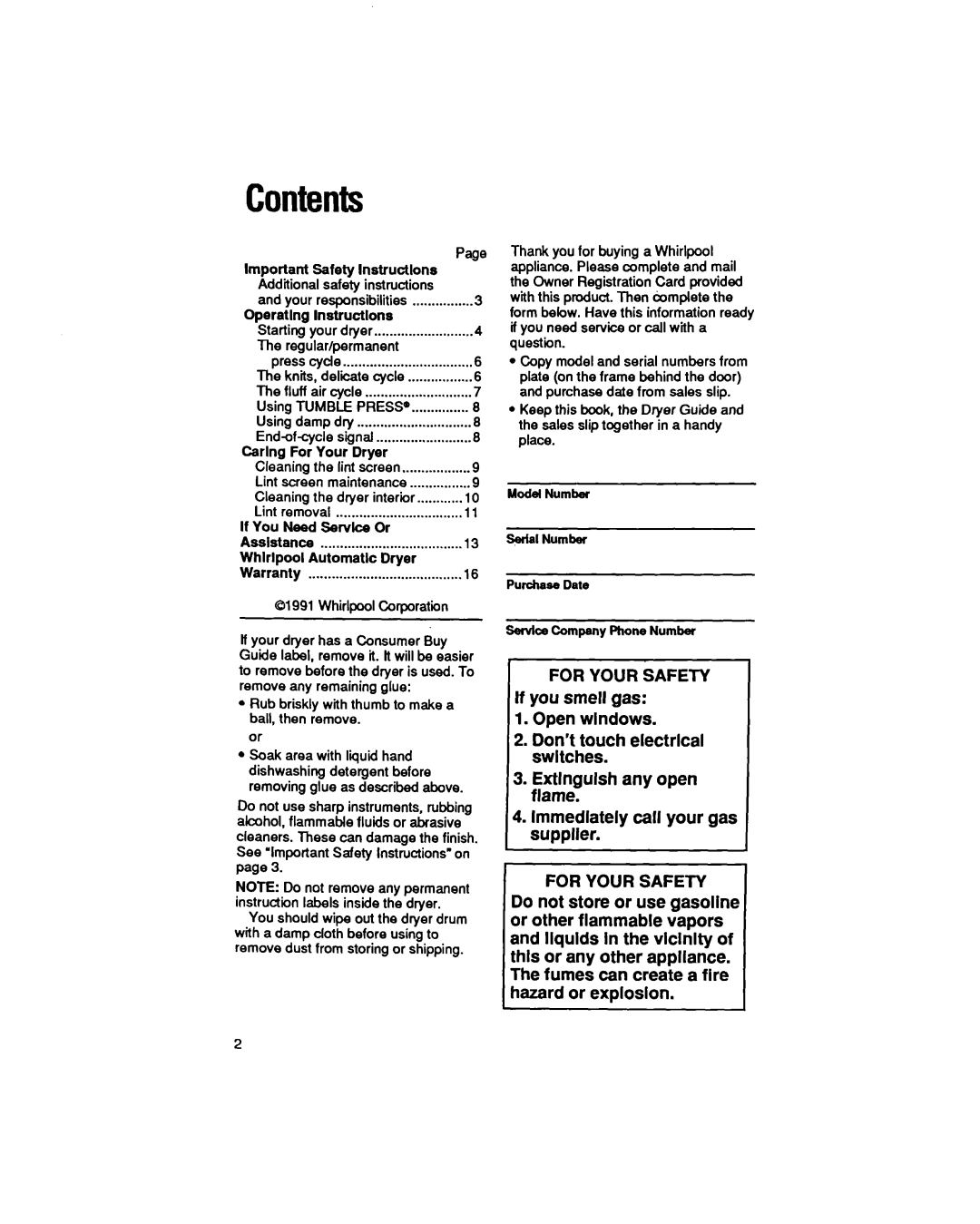 Whirlpool LE5550XT manual Contents 