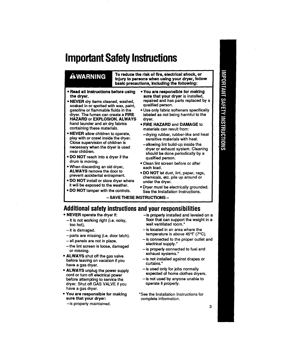 Whirlpool LE5550XT manual ImportantSafetyInstructions, Additional safety instructionsandyour responsibilities 