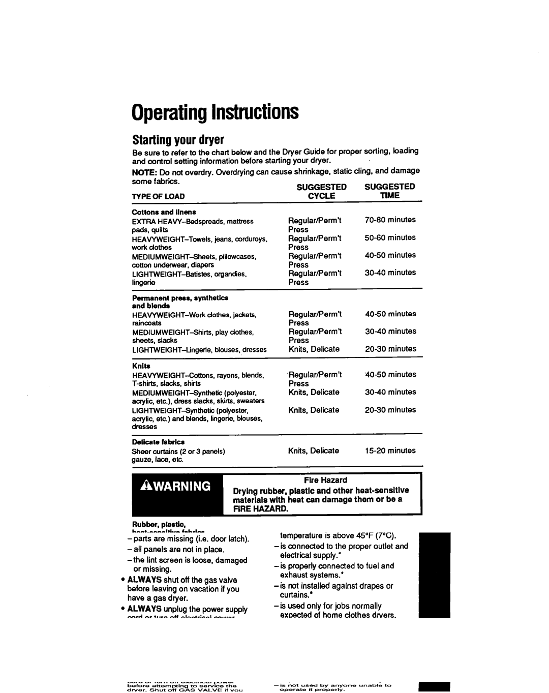 Whirlpool LE5550XT manual OperatingInstructions, Starting your dryer 