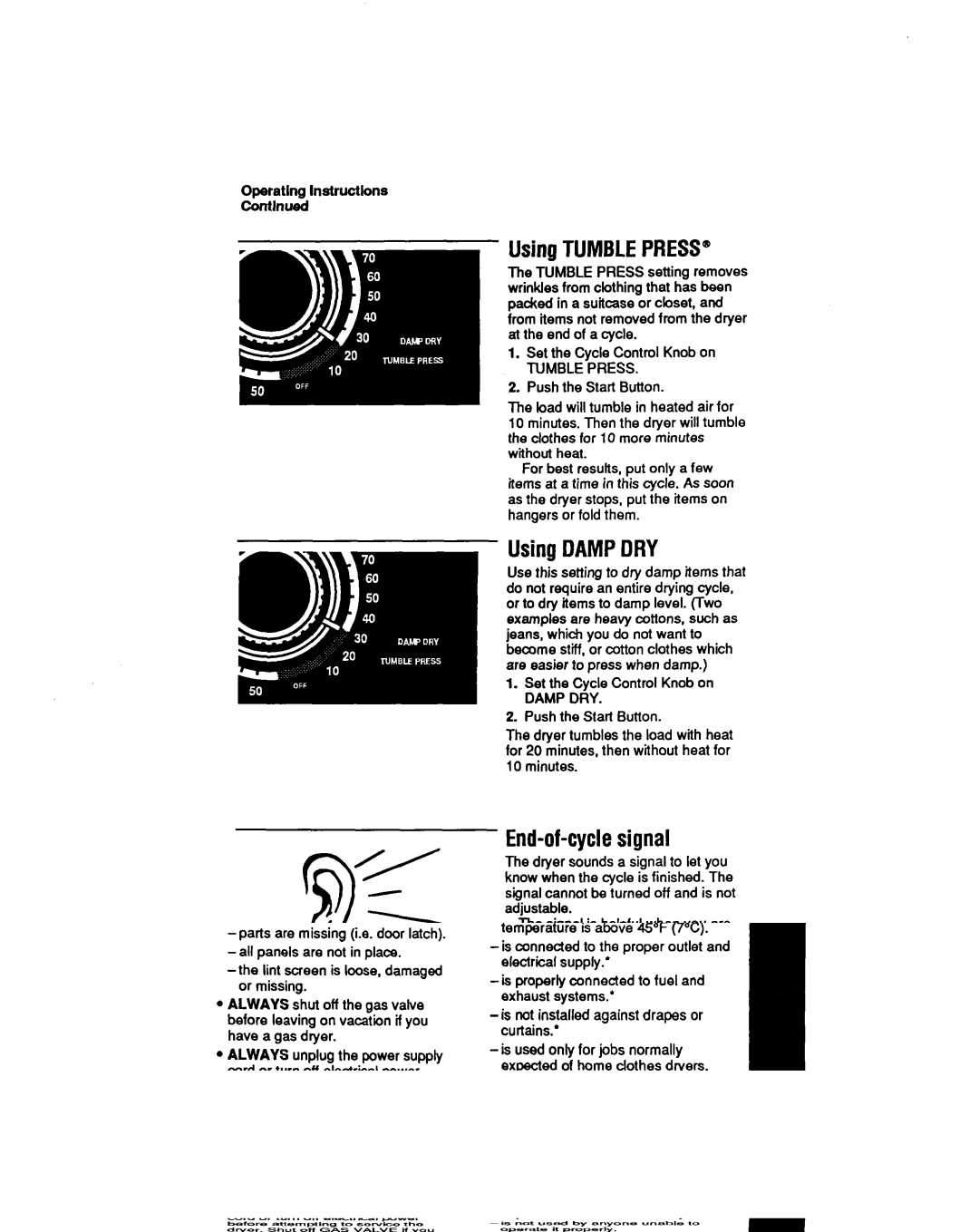 Whirlpool LE5550XT manual UsingTUMBLEPRESS, UsingDAMPDRY, End-of-cyclesignal 