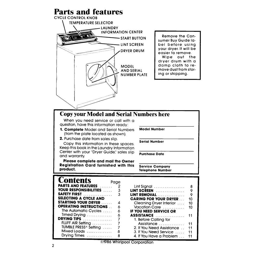 Whirlpool LE5795XM, LG5796XM manual Contents 