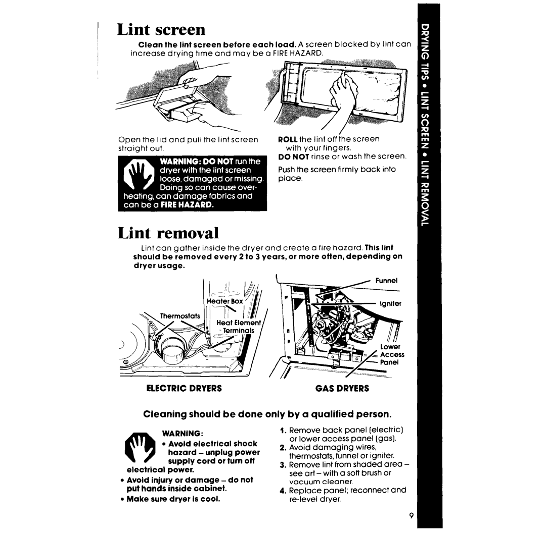 Whirlpool LG5796XM, LE5795XM manual Lint screen, Lint removal 