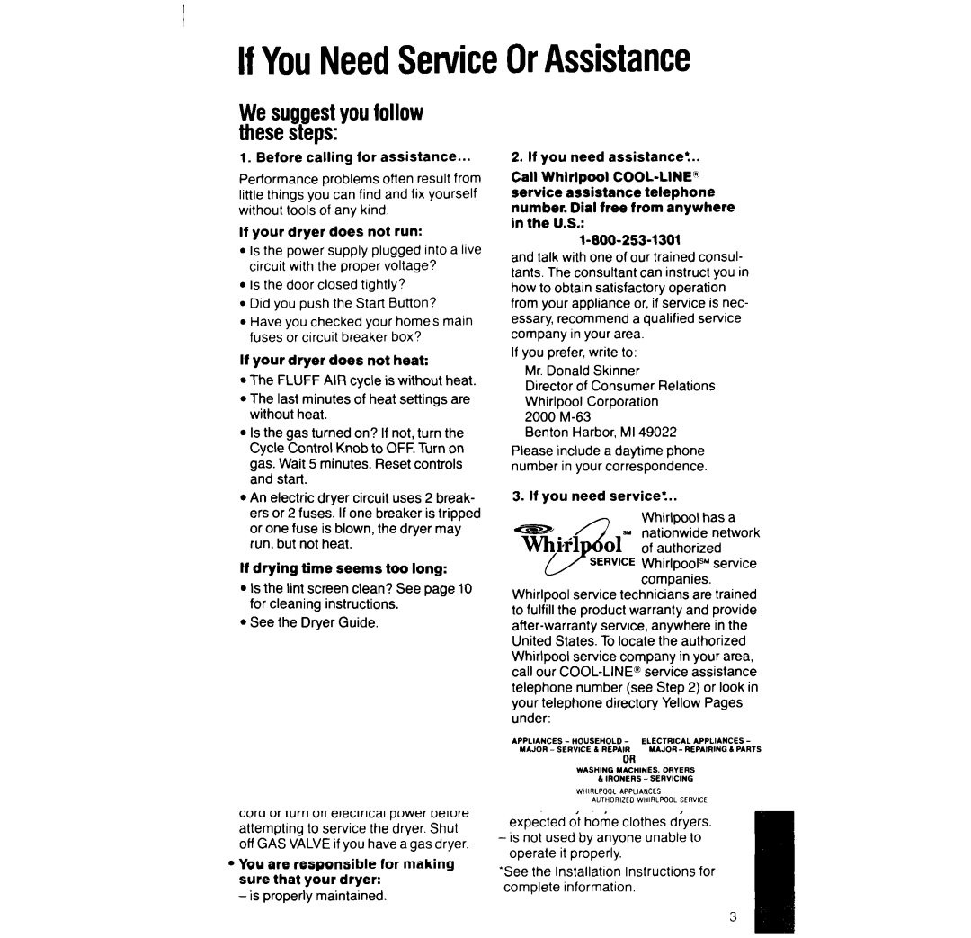 Whirlpool LG93UIXT manual IfYouNeedServiceOrAssistance, We suggest you follow these steps, 2000 M-63 Benton Harbor, Ml 