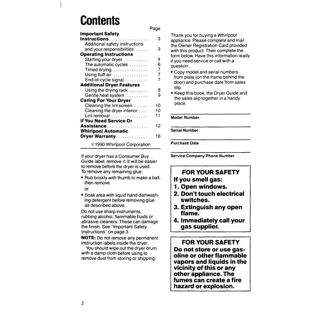 Whirlpool LG93UIXT manual Contents 