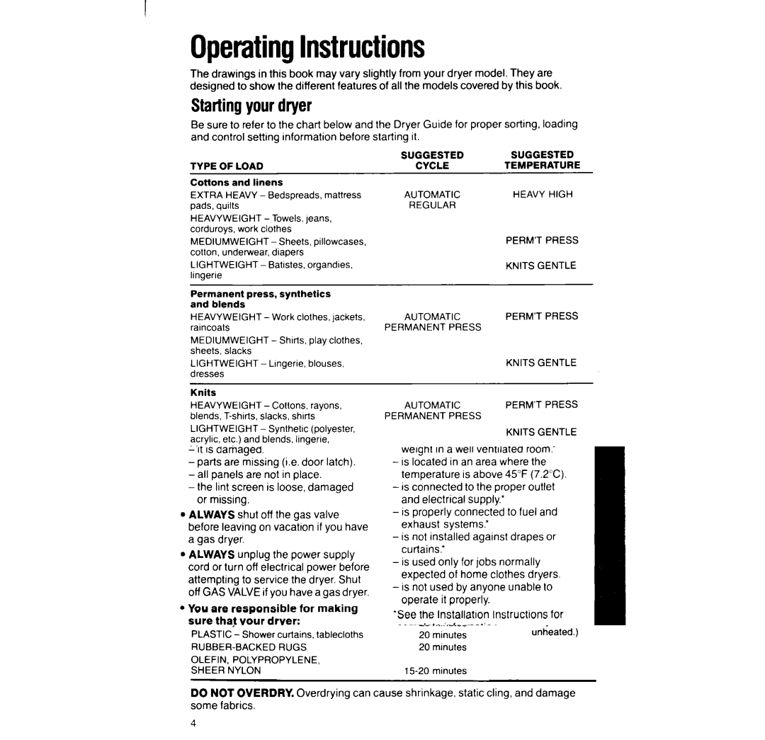 Whirlpool LG93UIXT manual OperatingInstructions, Starting your dryer, Automatic, RUBBER-BACKED Rugs 