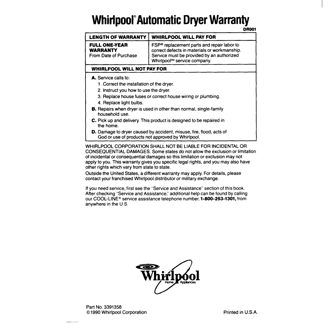 Whirlpool LG948lXW manual Correct, From Date of Purchase, Be provided, Company 