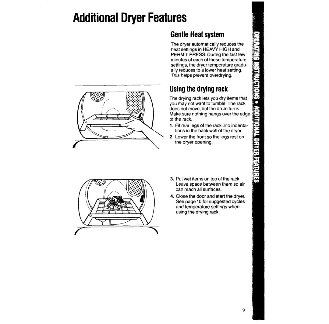 Whirlpool LG948lXW manual AdditionalDryerFeatures, GentleHeatsystem, Usingthe dryingrack 