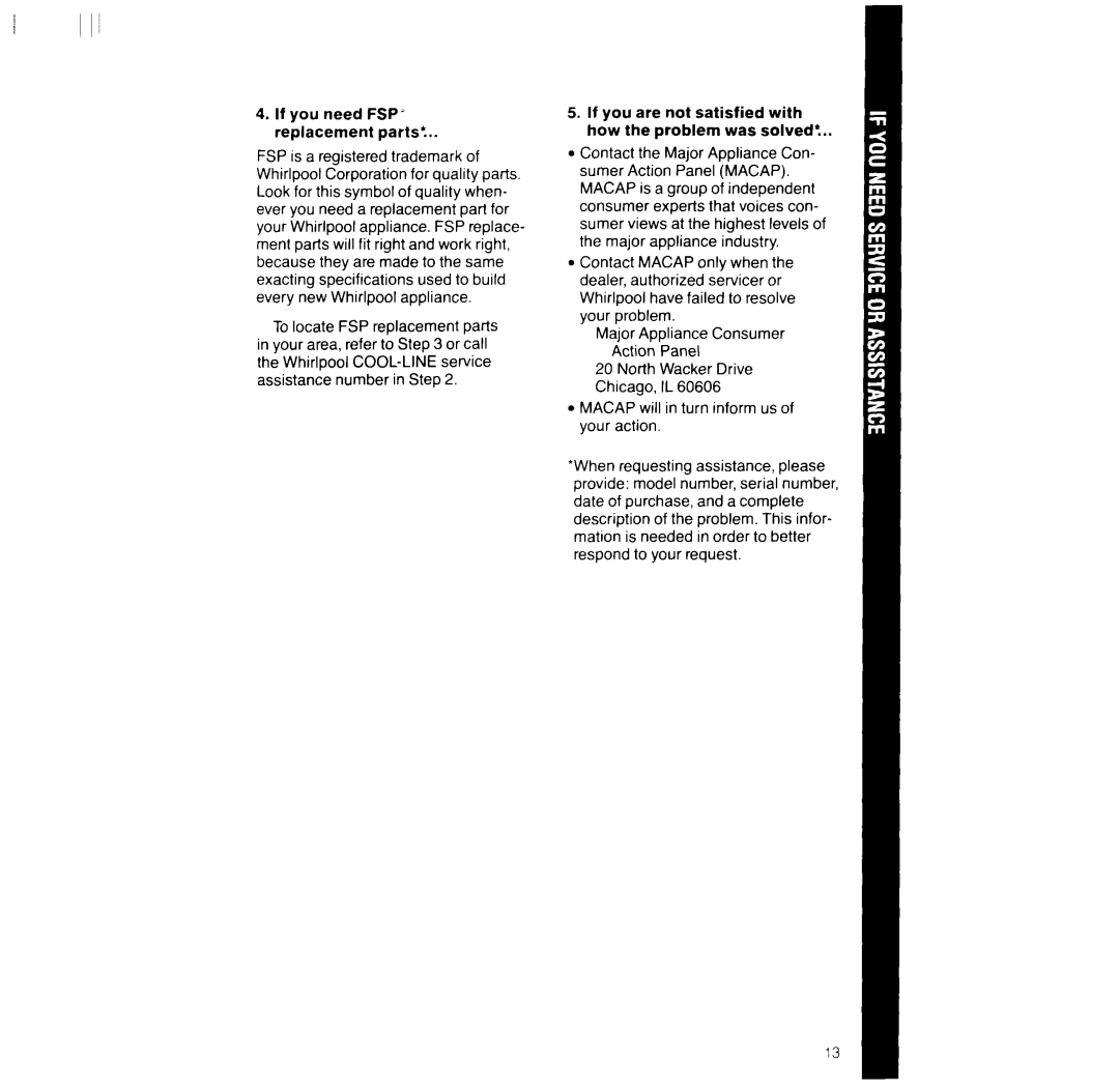 Whirlpool LG95OlXT, LG952lXT manual If you need FSP’ replacement parts’, Macap will in turn inform us of your action 