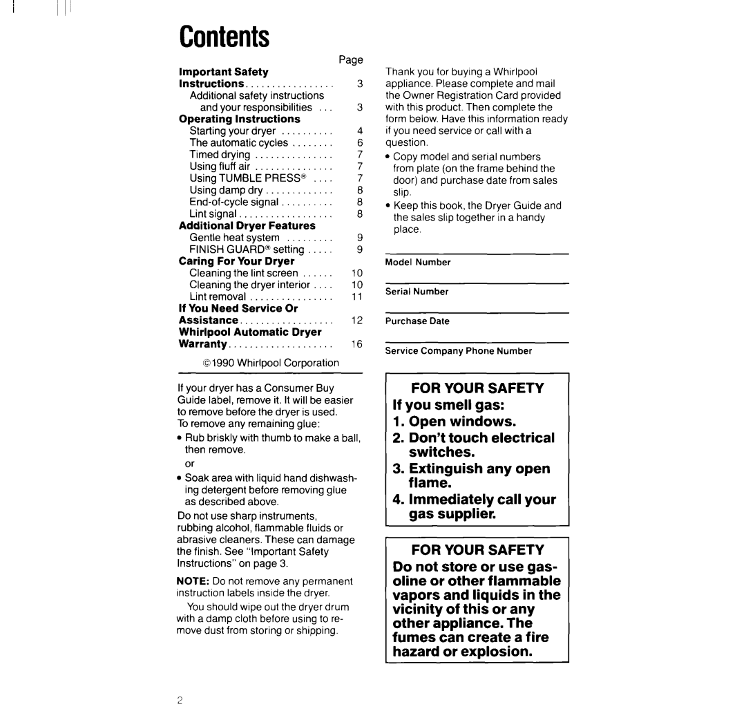 Whirlpool LG952lXT, LG95OlXT manual Contents 