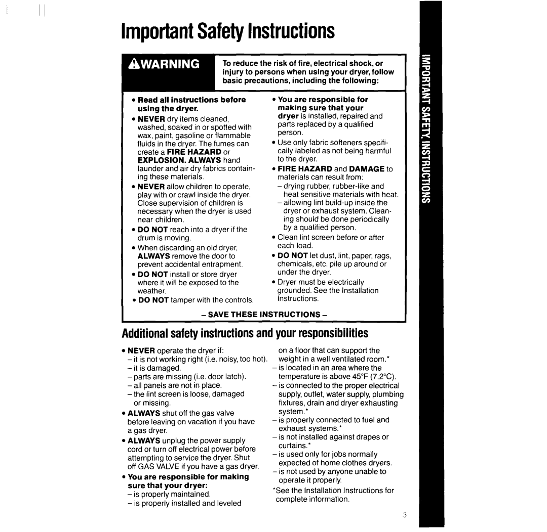 Whirlpool LG95OlXT, LG952lXT ImportantSafetyInstructions, Additionalsafetyinstructionsandyourresponsibilities, Save These 