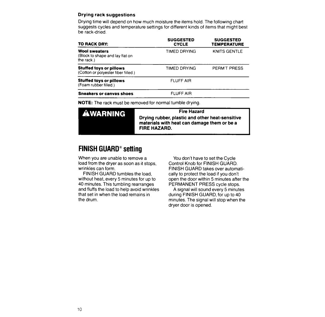 Whirlpool LG968lXW manual FINISHGUARDsetting, Block to shape and lay flat on Rack, Cotton or polyester fiber filled 