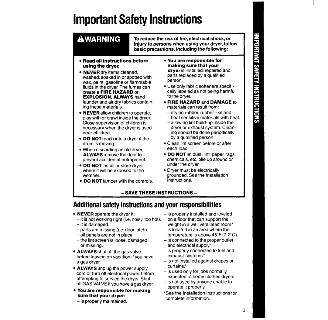 Whirlpool LG968lXW manual ImportantSafetyInstructions, Additionalsafetyinstructionsandyourresponsibilities 