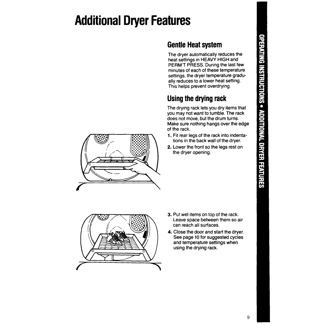 Whirlpool LG968lXW manual AdditionalDlyerFeatures, GentleHeatsystem, Usingthe dryingrack 