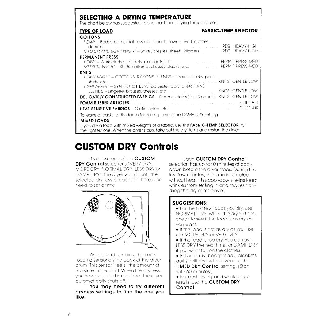 Whirlpool LG9801XK warranty Custom DRY Controls, Type of Load, Cottons, Suggestions, Timed 