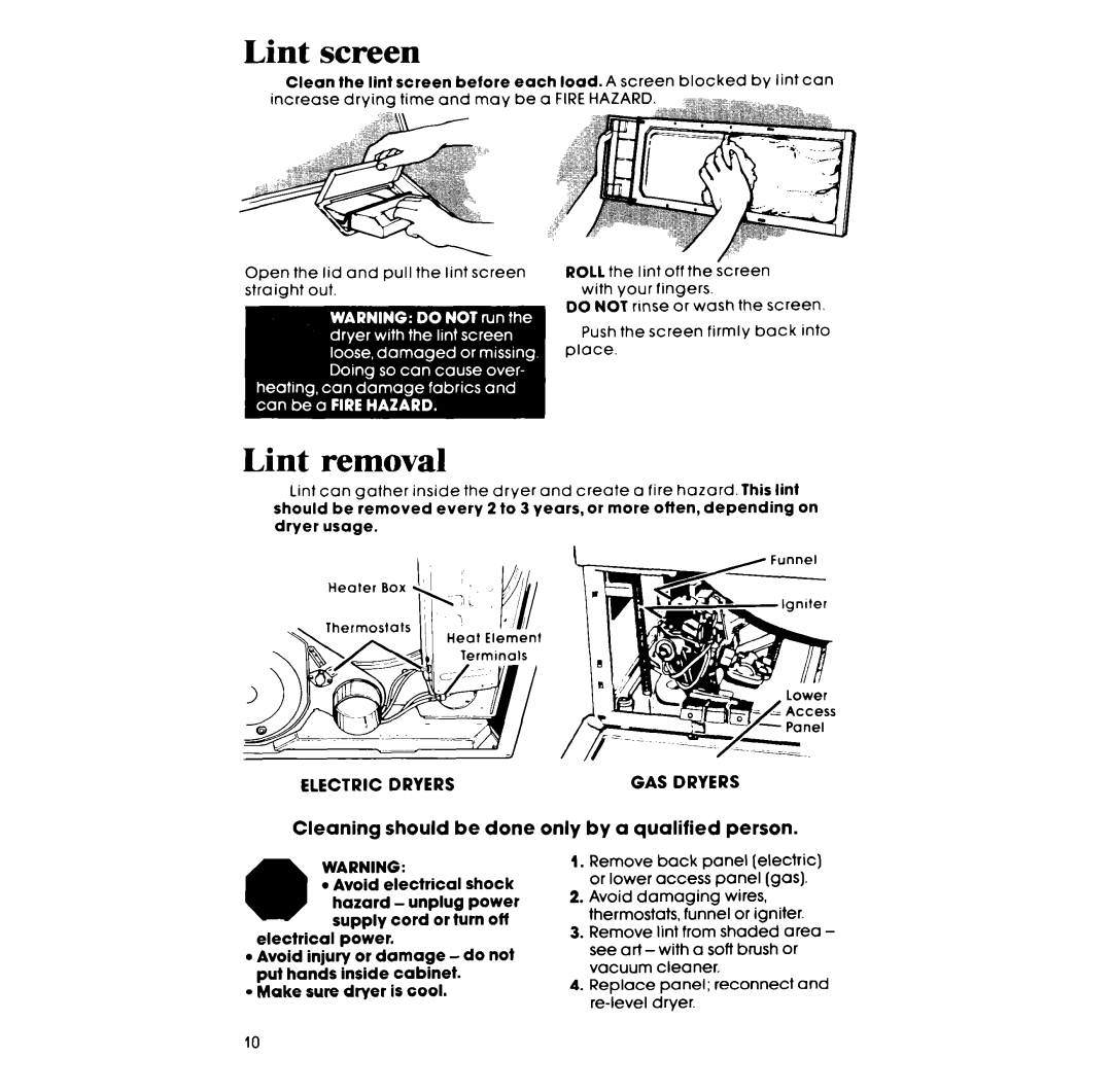 Whirlpool LG9806XP manual Lint screen, Lint removal, Electric Dryers 