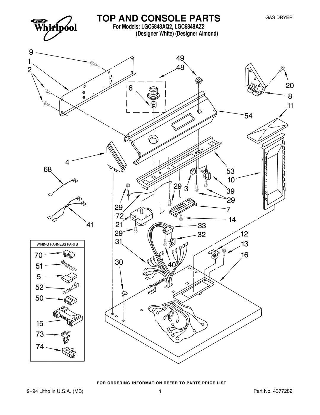 Whirlpool LGC6848AZ2, LGC6848AQ2 manual TOP and Console Parts 