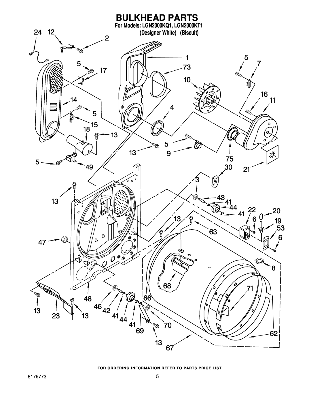 Whirlpool manual Bulkhead Parts, For Models LGN2000KQ1, LGN2000KT1 Designer White Biscuit 