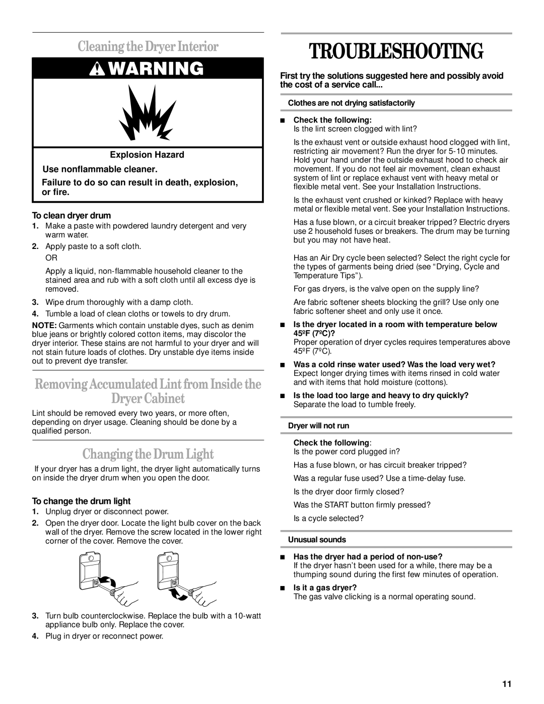 Whirlpool LGQ8000JQ1 manual Troubleshooting, Cleaningthe Dryer Interior, DryerCabinet, Changingthe Drum Light 