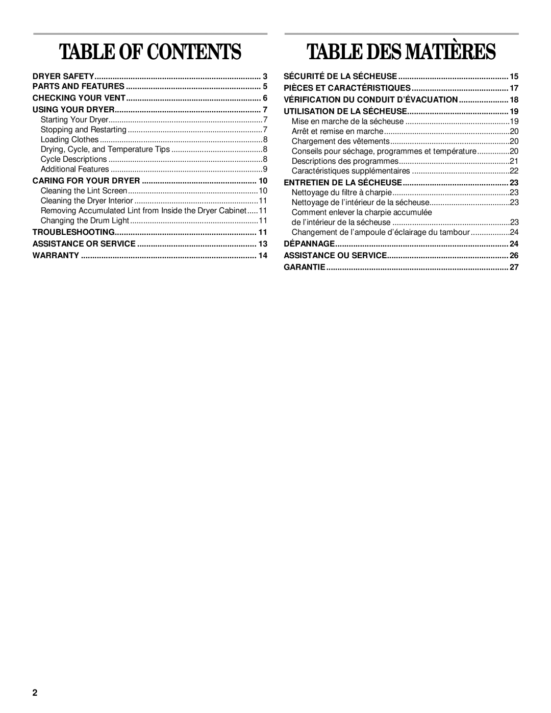 Whirlpool LGQ8000JQ1 manual Table DES Matières 