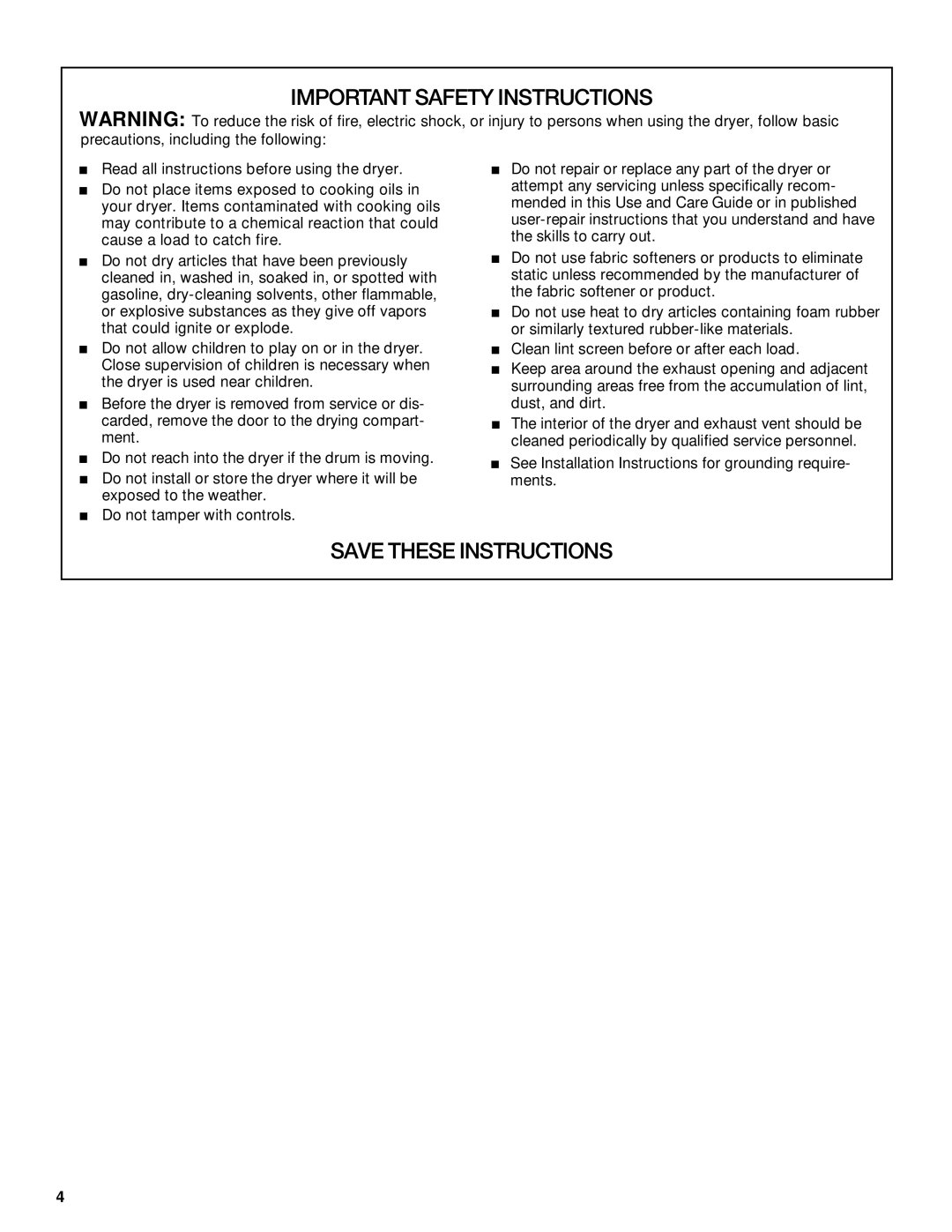 Whirlpool LGQ8000JQ1 manual Important Safety Instructions 