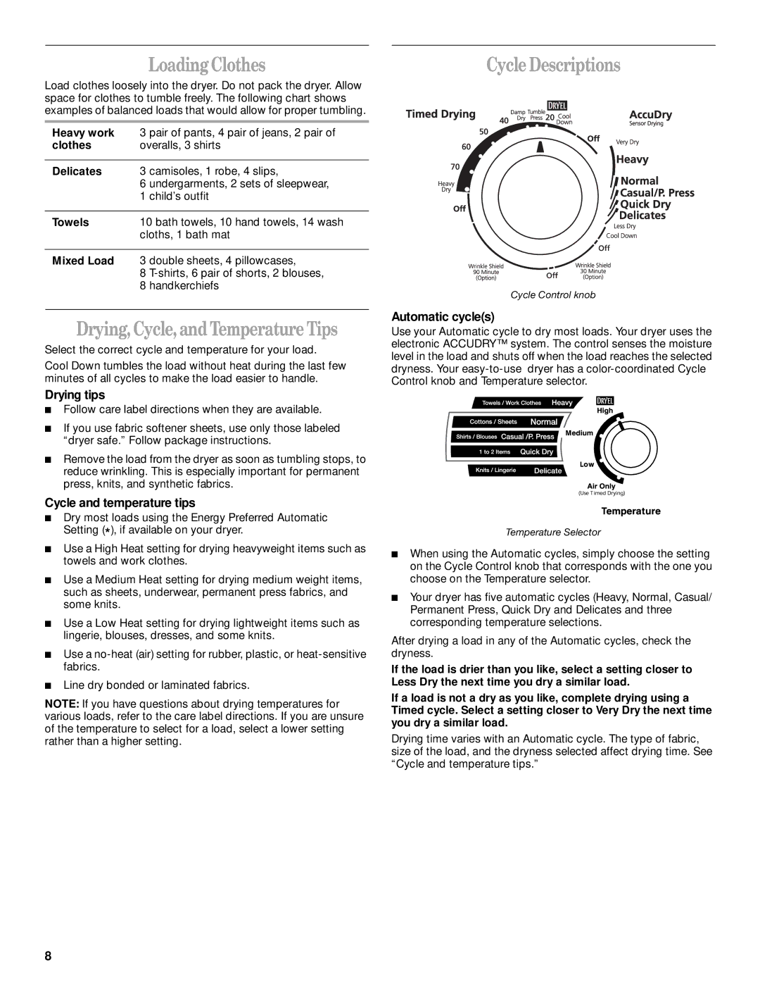 Whirlpool LGQ8000JQ1 manual Loading Clothes, Drying, Cycle,and Temperature Tips, Cycle Descriptions 