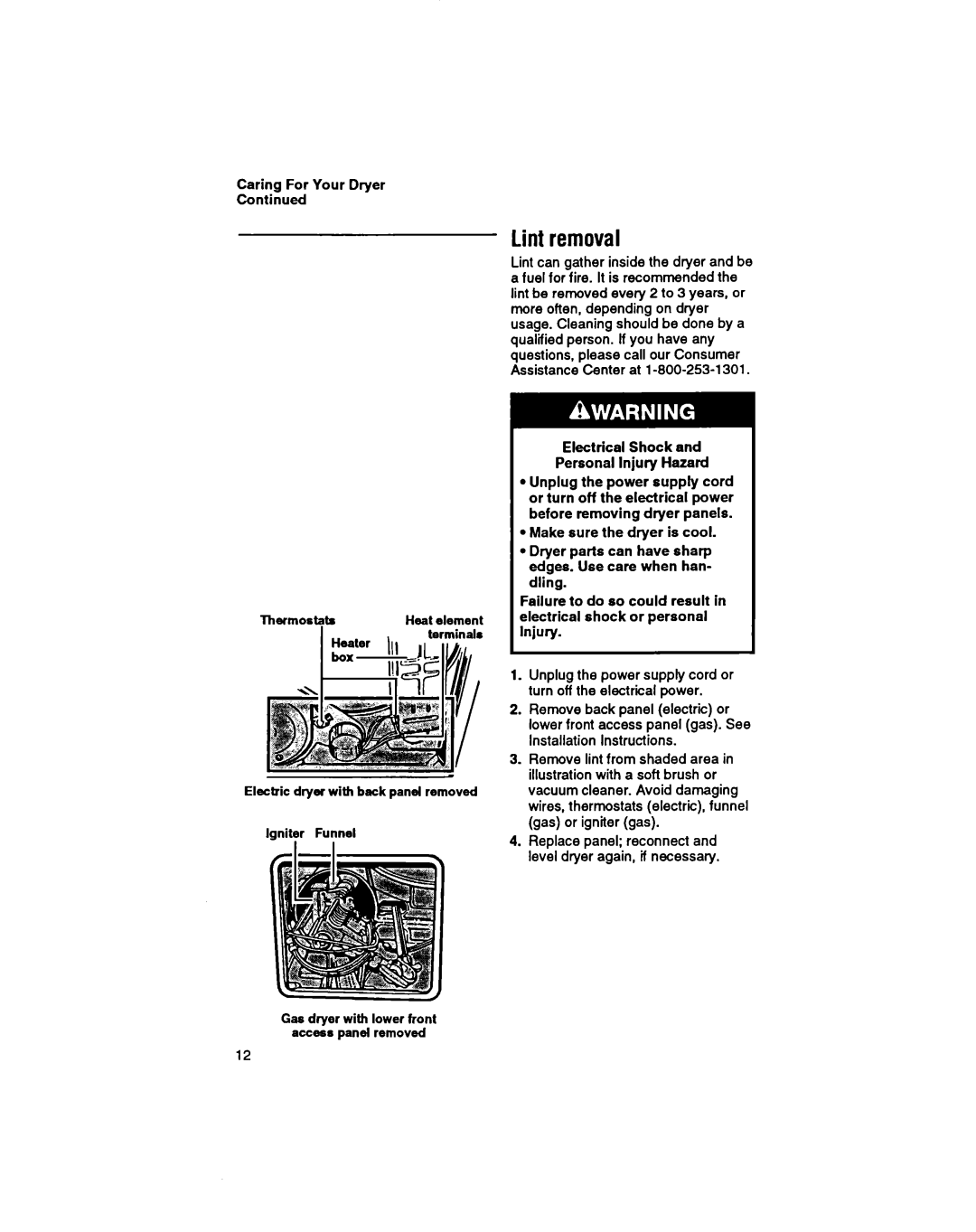 Whirlpool LGR3422A, LDR3422A manual Lint removal 