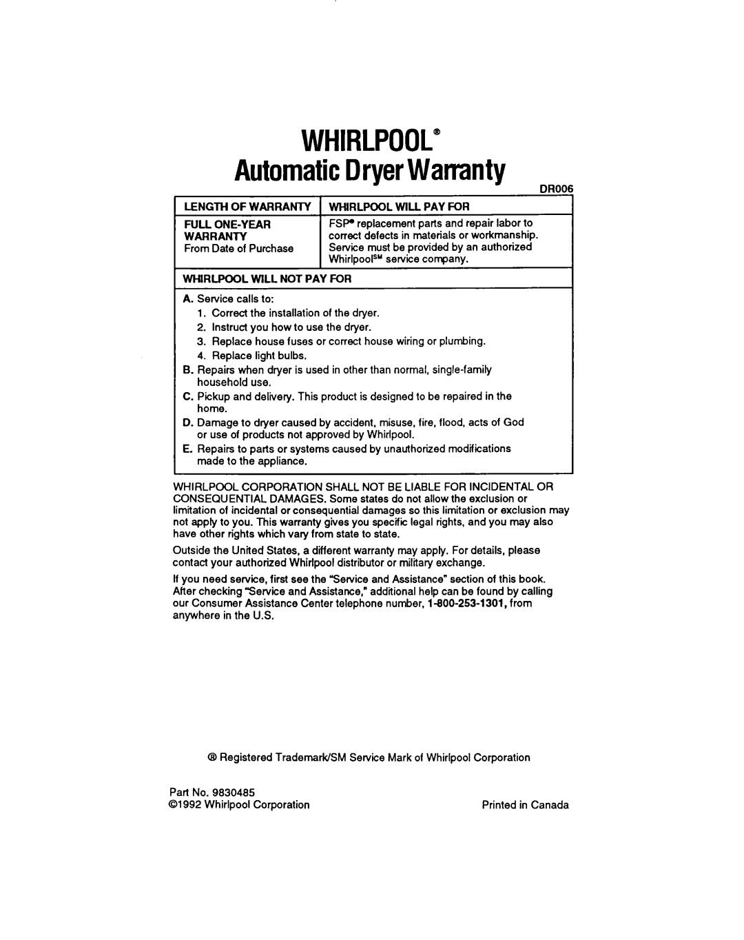Whirlpool LGR3422A, LDR3422A manual WHIRLPOOL” AutomaticDryerWarranty 
