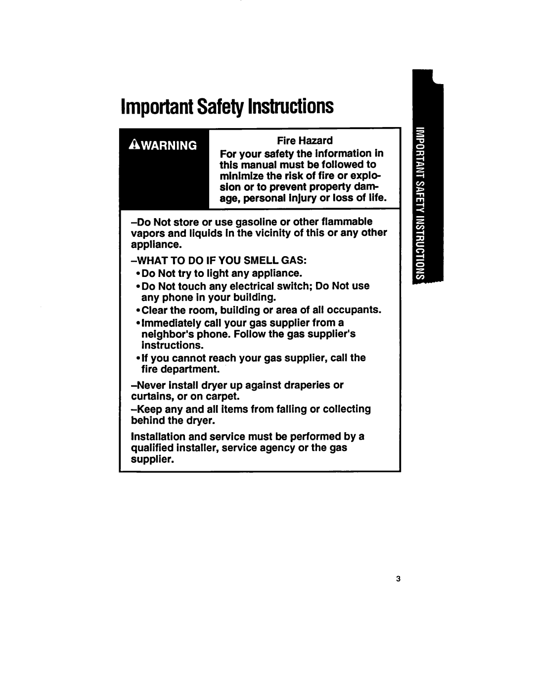 Whirlpool LDR3422A, LGR3422A manual ImportantSafetyInstructions 