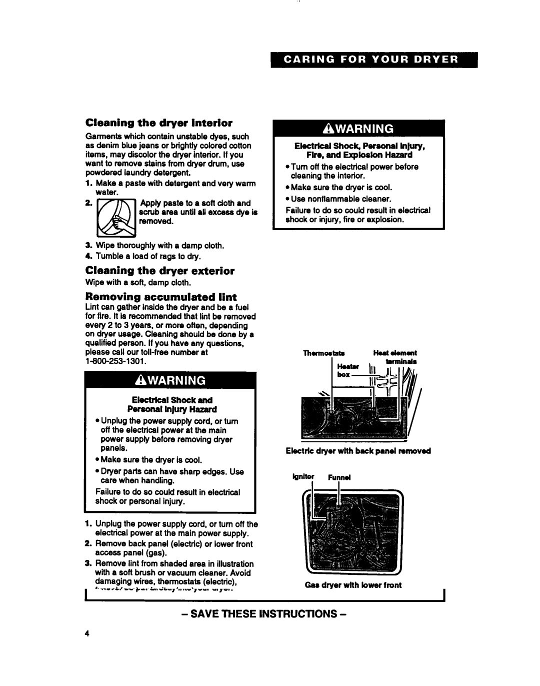 Whirlpool LDR3822B, LGR3622B manual Cleaning the dryer interior, Cleaning the dryer exterior, Removing accumulated lint 