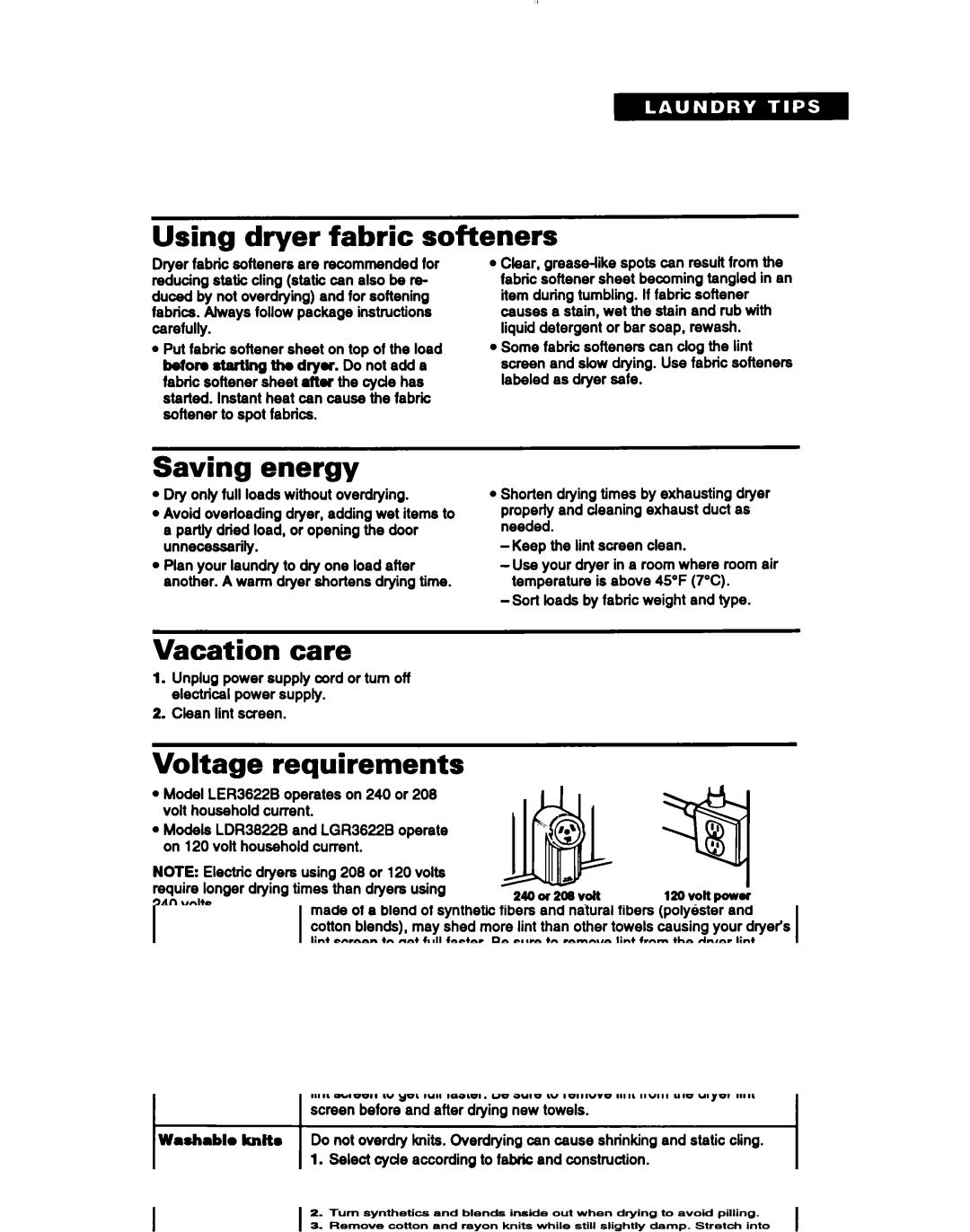 Whirlpool LDR3822B, LGR3622B manual Using dryer fabric softeners, Saving energy, Vacation care, Voltage requirements, 8II 