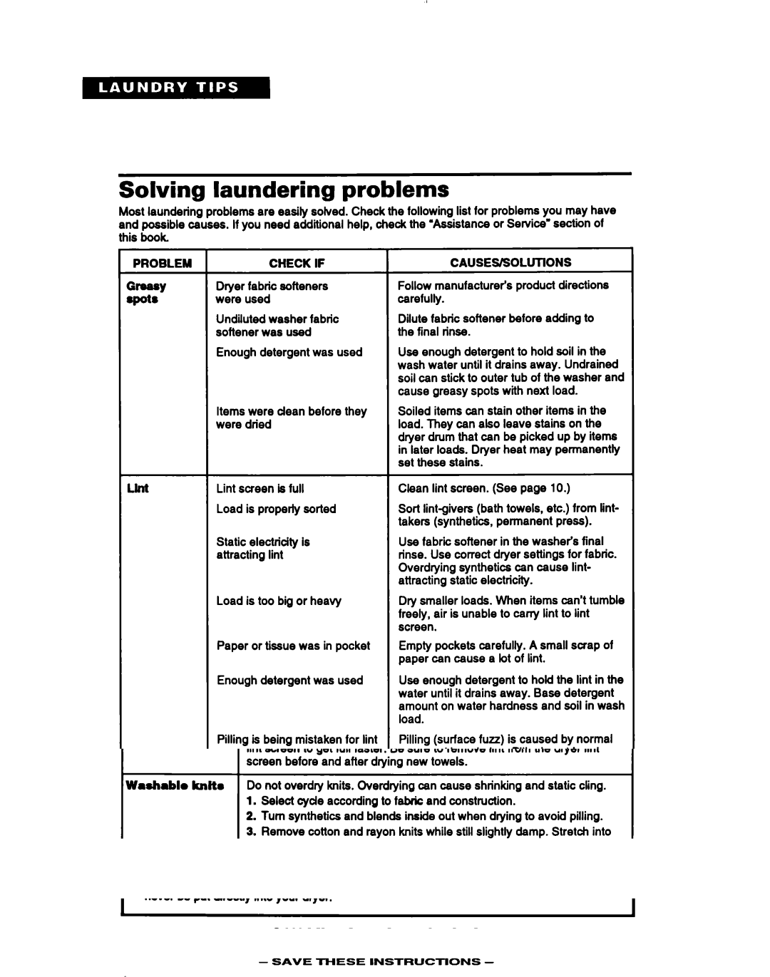 Whirlpool LGR3622B, LDR3822B manual Solving laundering problems, Problem 