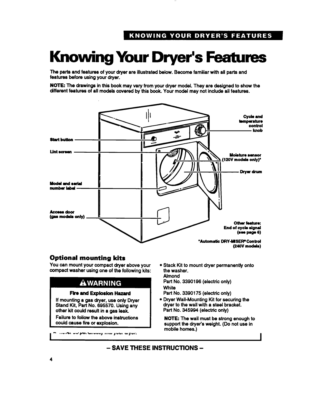 Whirlpool LDR3822B Knowing Your Dryer’s Fbrtures, Optional mounting kits, Optional deflector kit, Flroand Explosion Hazard 