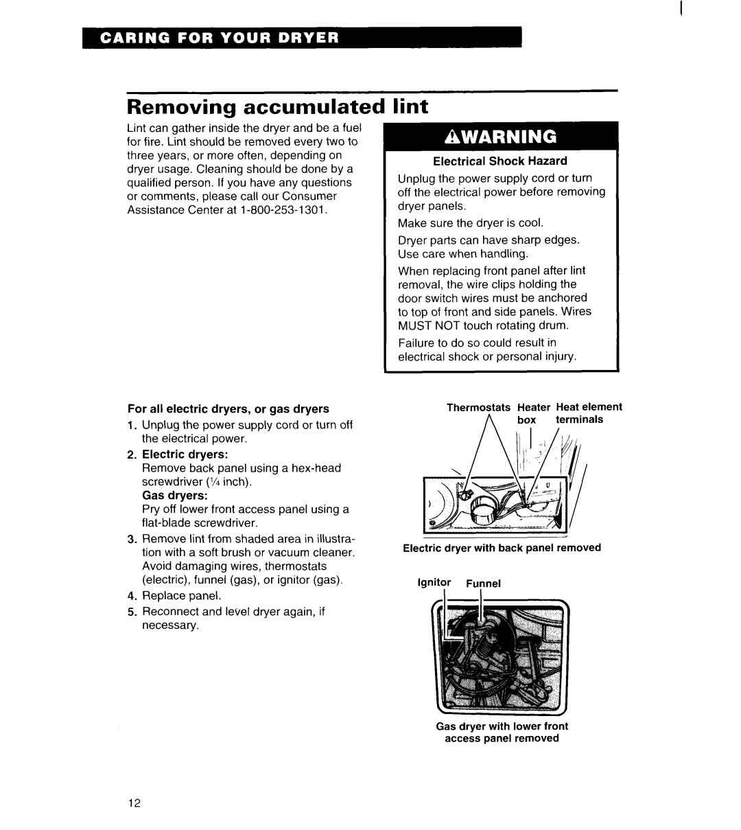 Whirlpool LGR3622D, LDR3822D warranty Removing accumulated, Lint 