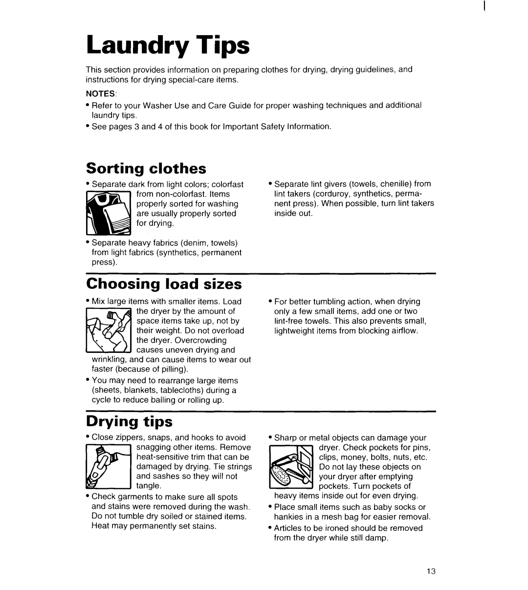 Whirlpool LDR3822D, LGR3622D warranty Laundry Tips, Sorting clothes, Choosing load sizes, Drying tips 