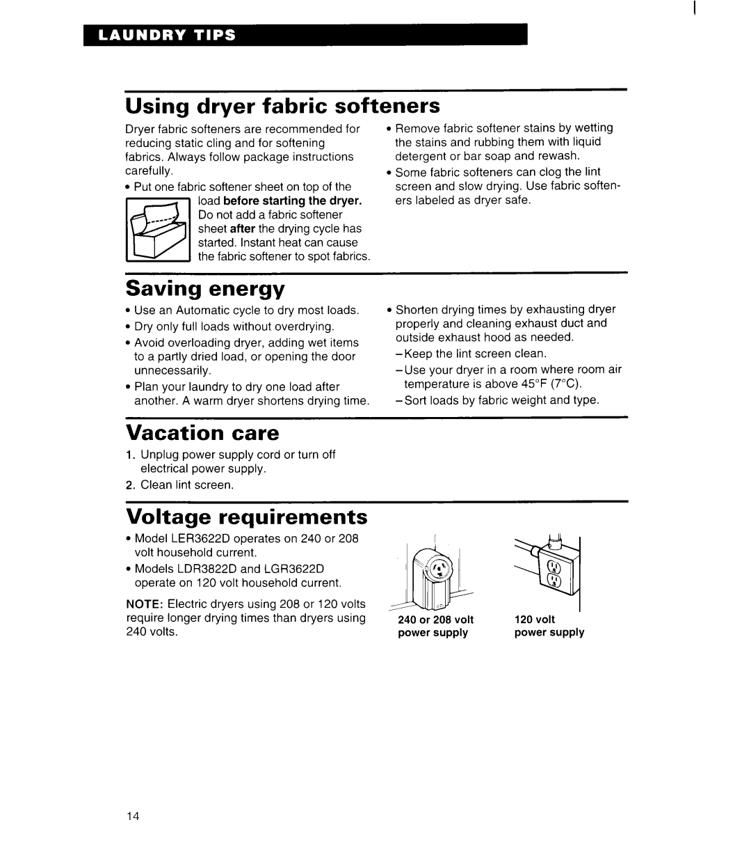 Whirlpool LGR3622D, LDR3822D warranty Using dryer fabric softeners, Energy, Vacation care, Voltage requirements 