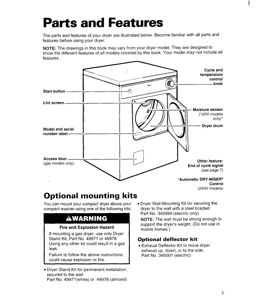 Whirlpool LDR3822D, LGR3622D warranty Parts and Features, Optional mounting kits, Optional deflector kit 