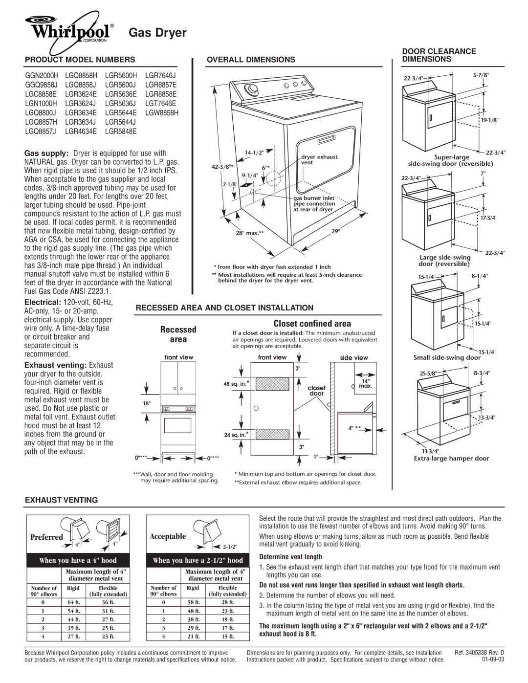 Whirlpool LGQ8858H, LGR3624E, LGQ8858J dimensions Preferred, Acceptable, When you have a 4 hood, When you have a 2-1/2 hood 