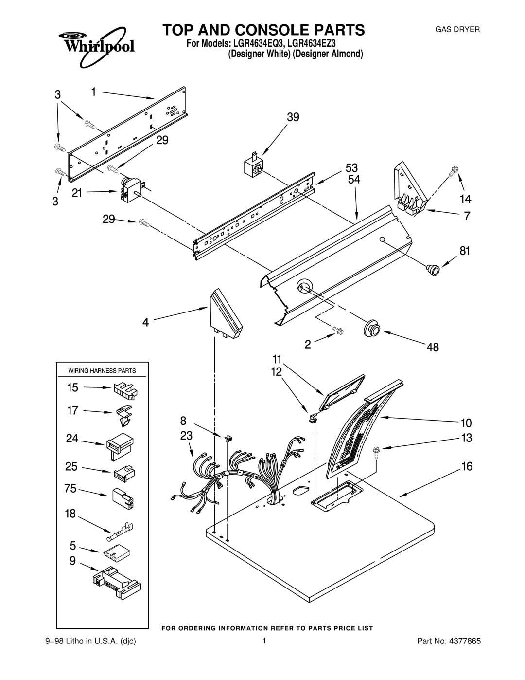 Whirlpool LGR4634EZ3, LGR4634EQ3 manual TOP and Console Parts 