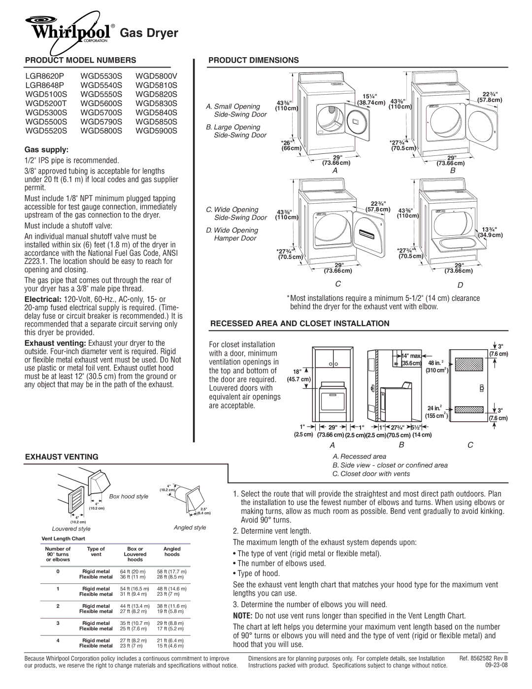 Whirlpool LGR8620P, LGR8648P dimensions Product Model Numbers Product Dimensions, Recessed Area and Closet Installation 