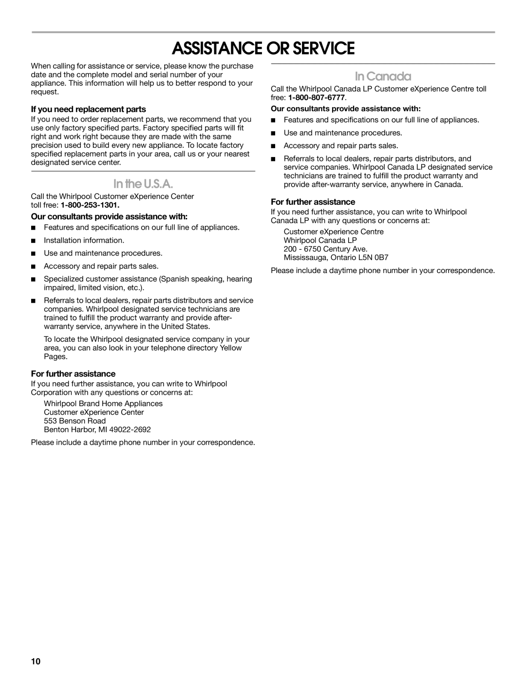 Whirlpool LI30LA/W10463244A installation instructions Assistance or Service, U.S.A, Canada 