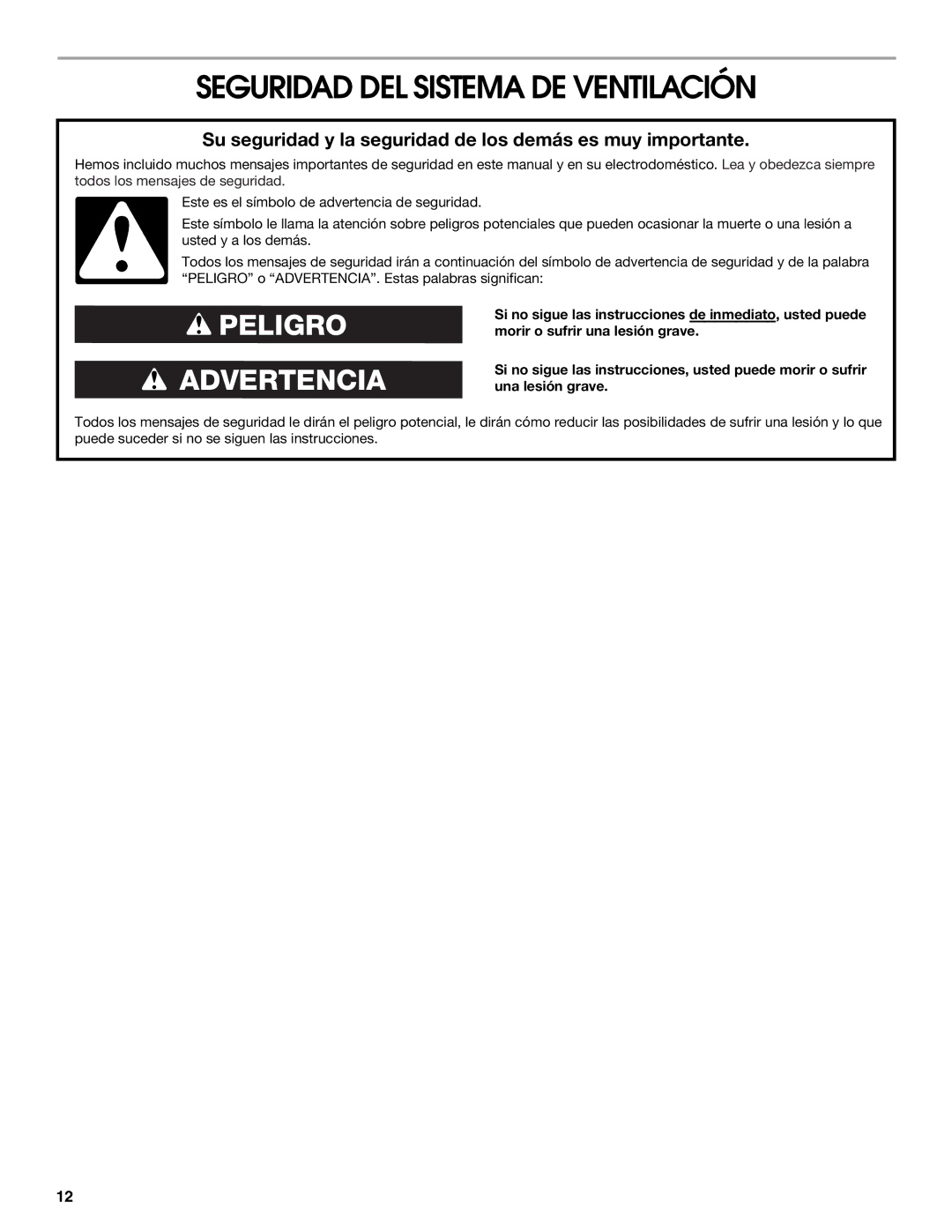 Whirlpool LI30LA/W10463244A installation instructions Seguridad DEL Sistema DE Ventilación 