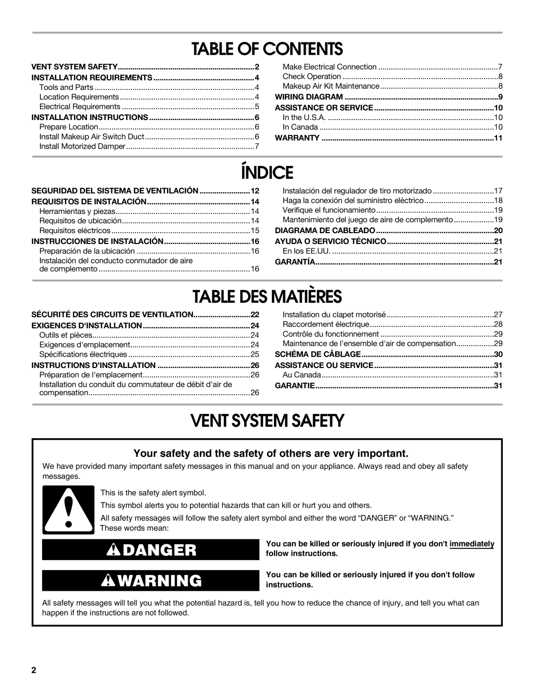 Whirlpool LI30LA/W10463244A installation instructions Table of Contents, Índice, Table DES Matières, Vent System Safety 