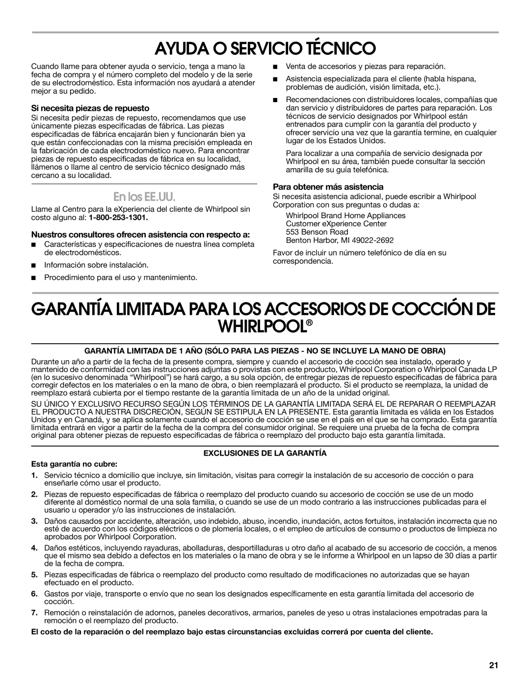 Whirlpool LI30LA/W10463244A installation instructions Ayuda O Servicio Técnico, Whirlpool, En los EE.UU 