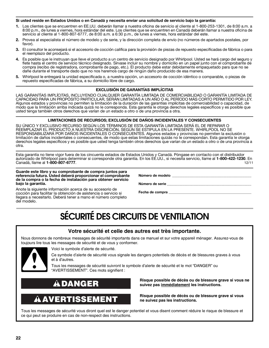 Whirlpool LI30LA/W10463244A Sécurité DES Circuits DE Ventilation, Exclusión DE Garantías Implícitas 