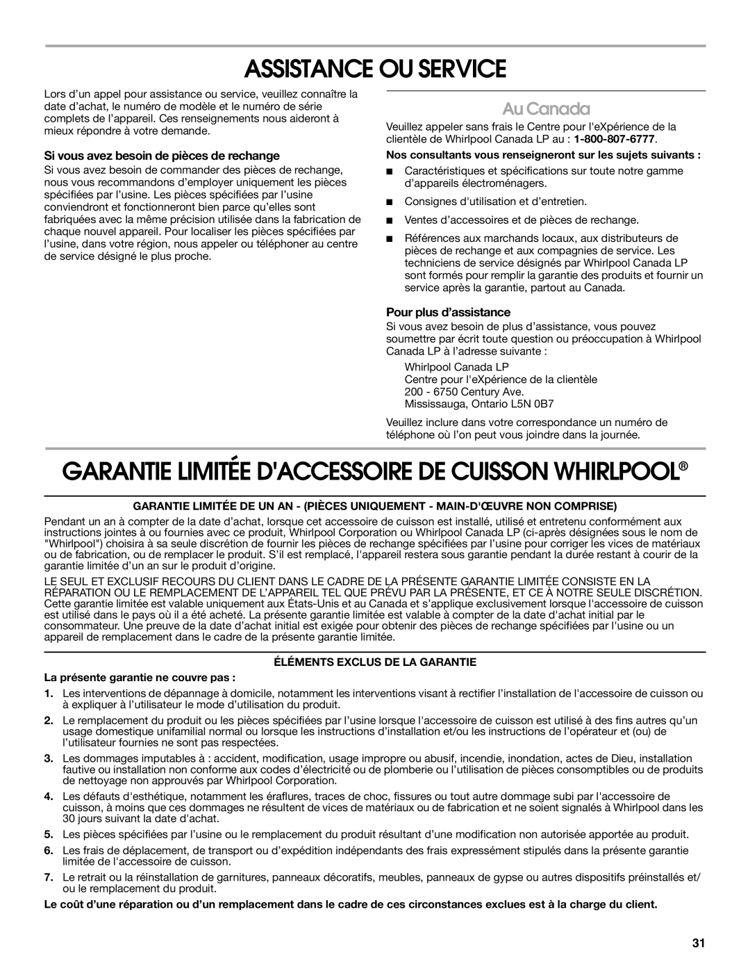 Whirlpool LI30LA/W10463244A Assistance OU Service, Au Canada, Si vous avez besoin de pièces de rechange 