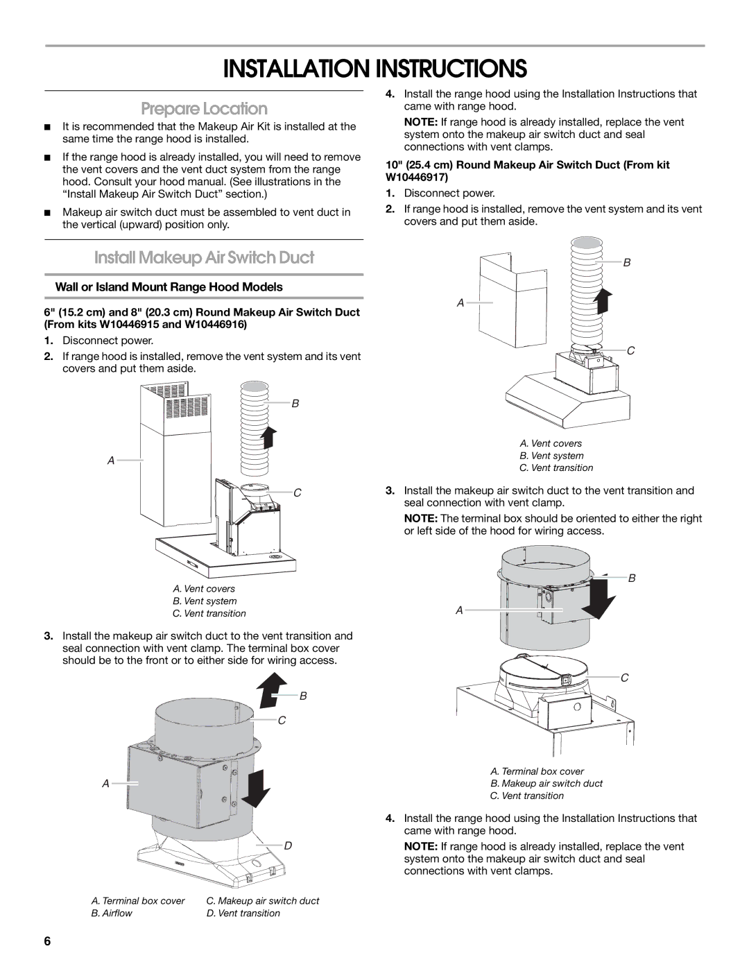 Whirlpool LI30LA/W10463244A Installation Instructions, Prepare Location, Install Makeup Air Switch Duct 